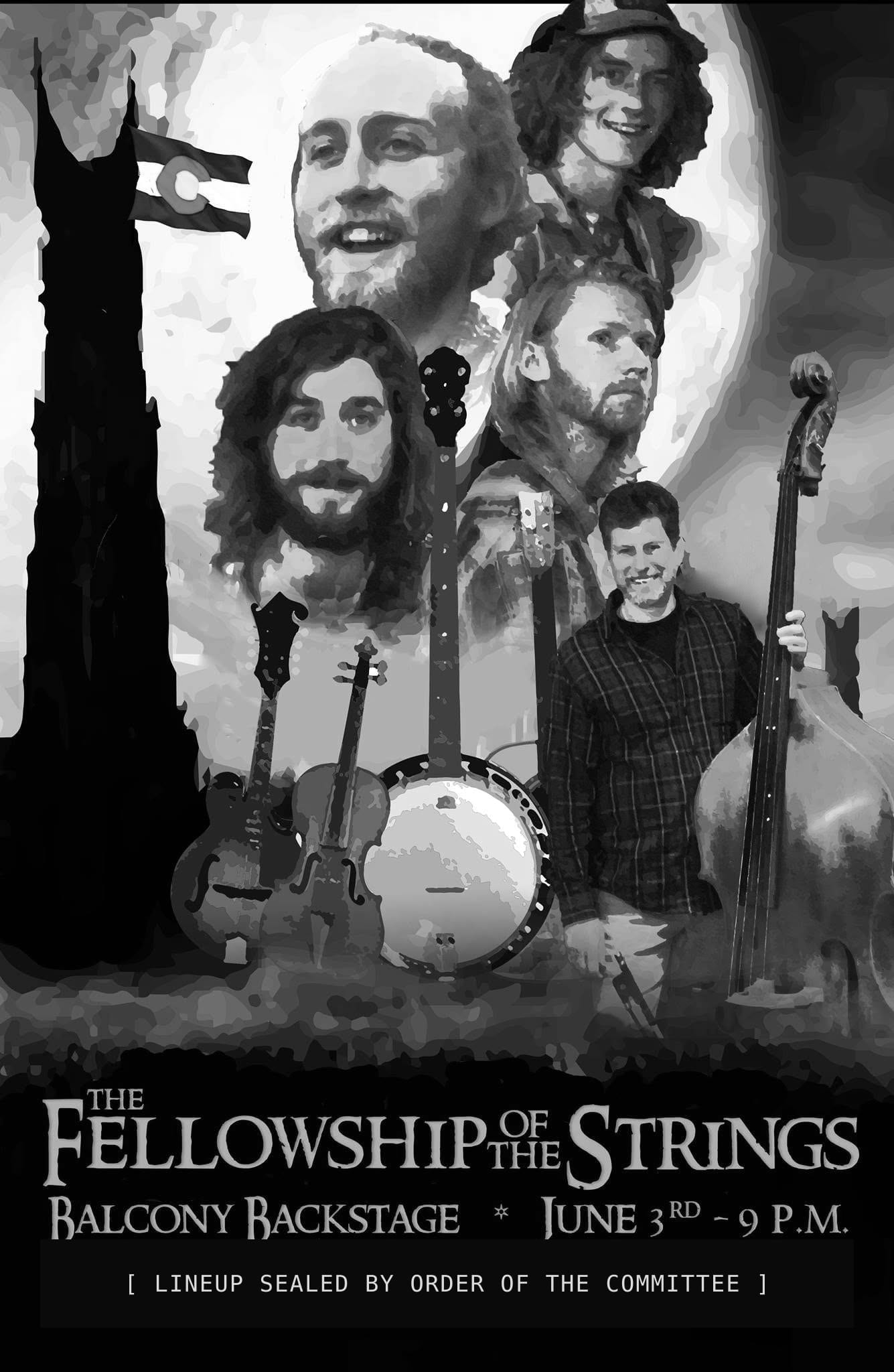 Black and white version of the Fellowship of the Strings gig poster with the lineup row sealed
